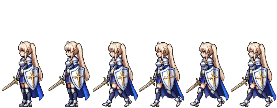 A 6-frame sprite sheet strip, transparent background