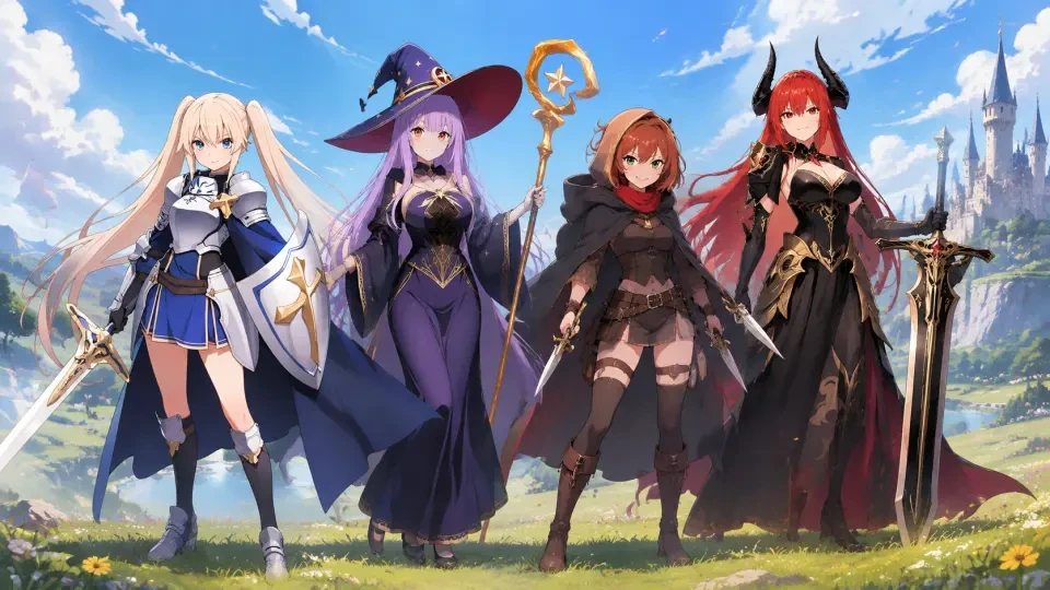 A cast of four characters generated in one consistent style from written descriptions