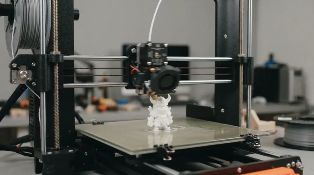 桌面 FDM 3D 打印机正在打印一个小手办，喷头微虚焦
