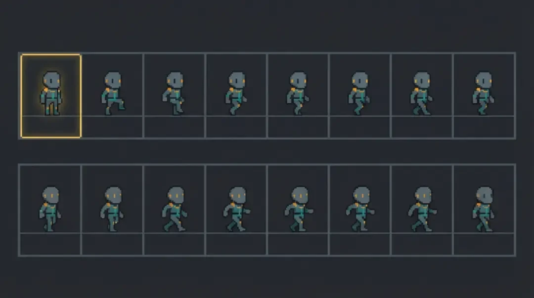 Vollständiges Sprite-Sheet — zwei Reihen, acht Frames für den Gehzyklus, eine Zelle hervorgehoben