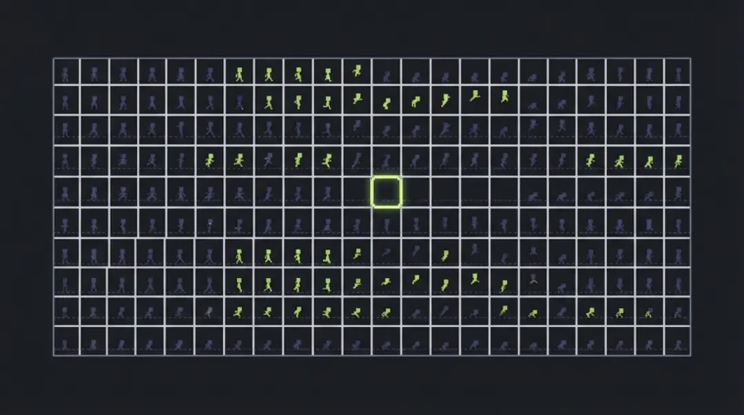 Frame-Raster eines Sprite-Sheets — technische Darstellung einer kleinen Charakterpose in einer Zelle mit hervorgehobener Zelle