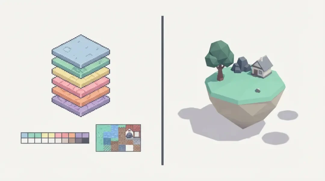 2D 像素素材与 3D 游戏资产并排对比的图解