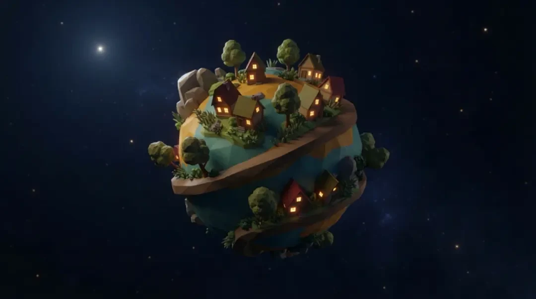 可走的小星球场景——低多边的球面村落，是浏览器世界生成器的成品