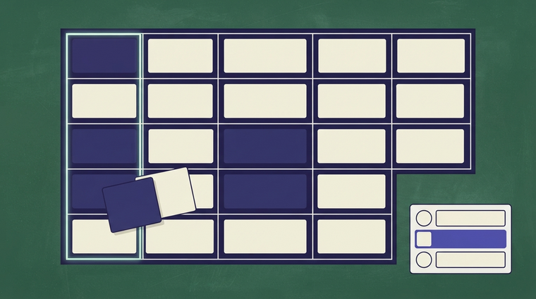 The board is one shared object: five categories across the top, values down the side, and a scoreboard the whole room can read.
