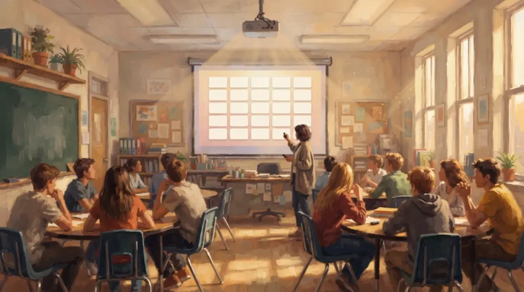 Klassenzimmer-Projektionsszene: Auf dem Bildschirm vorn ist ein leeres Quizboard, die Lehrkraft hält eine Fernbedienung, die Schülerinnen und Schüler sitzen in Gruppen