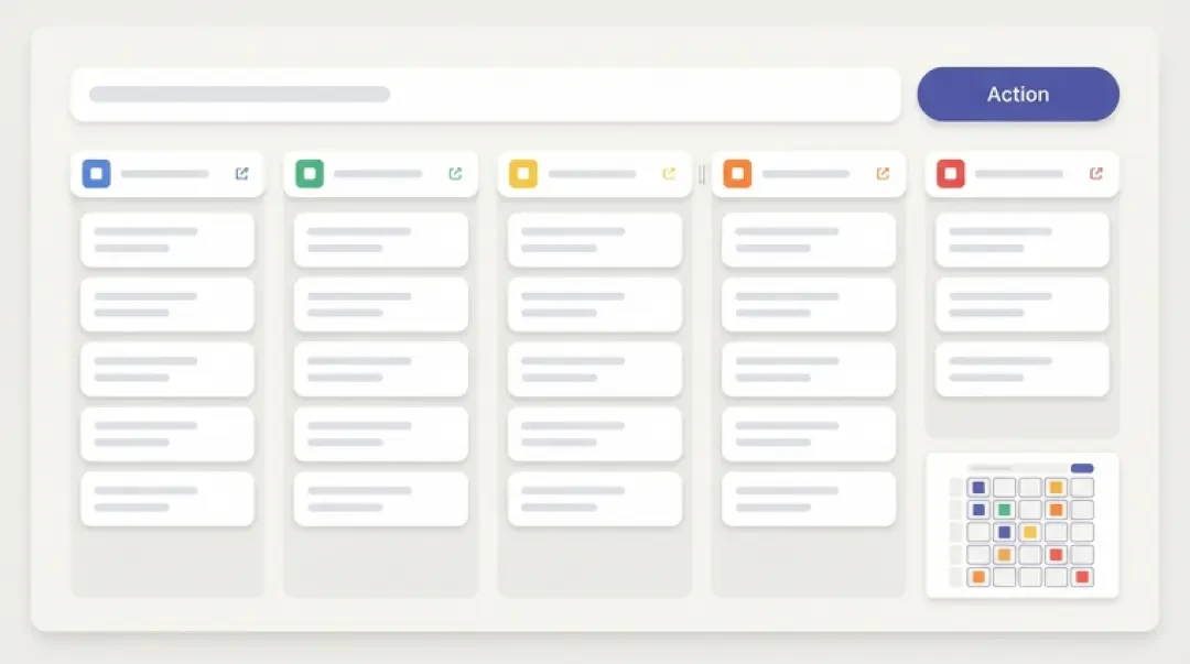 Oberfläche des Quizboard-Generators: oben ein Themenfeld mit Generieren-Button, darunter fünf Spalten leerer Fragekarten und eine Vorschau-Miniatur