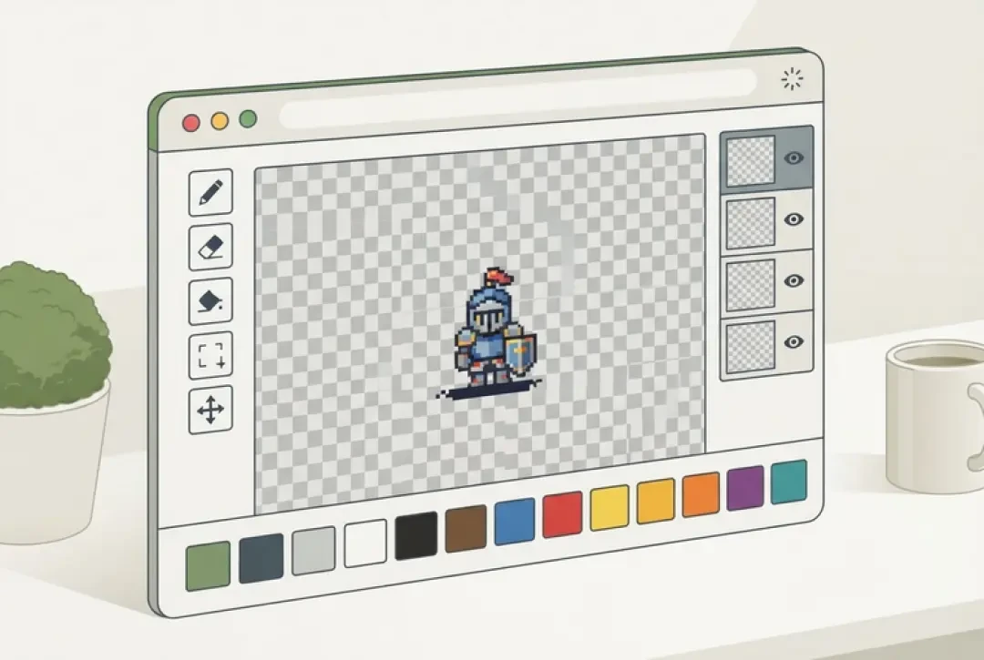 Espace de travail de l'éditeur de sprites dans le navigateur : un petit chevalier se tient sur le canevas à damier central, barre d'outils à gauche, lignes de calques à droite, rangée de couleurs en bas