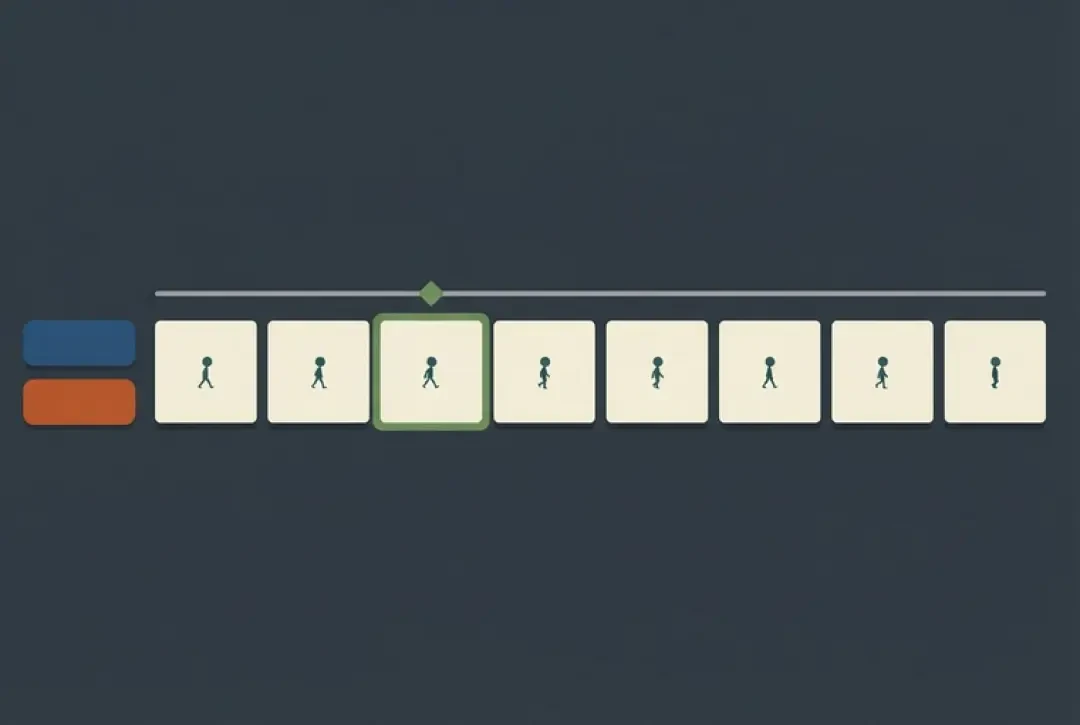 Schéma de la chronologie d'animation : une rangée de huit cases contenant des silhouettes de sprite à différentes phases de marche, la troisième case surlignée comme image courante, un rail à poignée en losange au-dessus