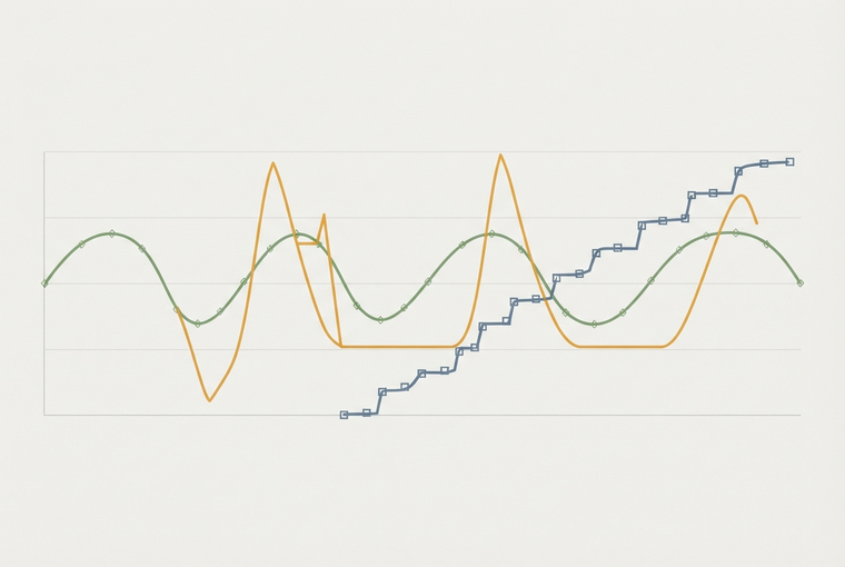 Three pacing shapes: even waves, spike-and-silence, tight repeated steps. Only the first two are playable for thirty hours.