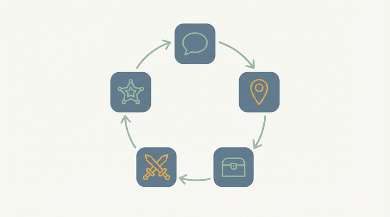 Exploration pressure, dialogue with consequences and resource-limited tasks form a loop without a single fight