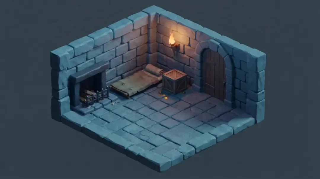 第一间 RPG 房间——等距低多边的地牢石室，是可玩世界的第一步