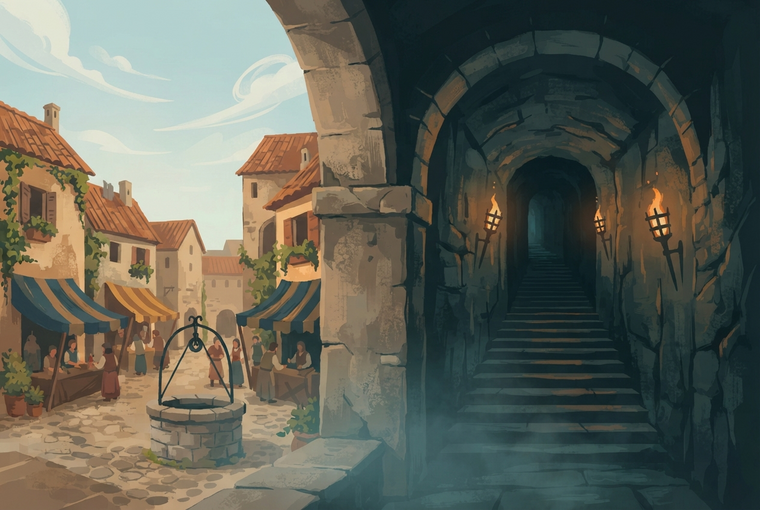 One archway, two beats: the sunlit village on the left is talk-and-restock, the stair on the right is drain-and-manage.