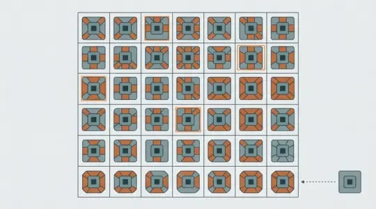 autotile 相邻规则图解：7×7 网格中每个小格显示不同的邻接组合（四边与四角），四格高亮，右下角单格引出示例