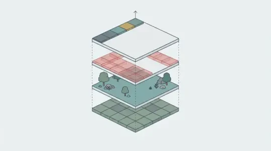瓦片地图图层叠放剖面图：地面层、装饰层、碰撞层、前景层四层拆开悬浮，虚线对齐四角，红色半透明表示碰撞