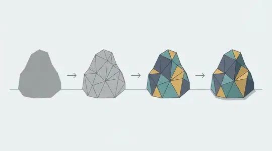 低模资产工作流图：左到右四阶段——灰色剪影、三角面化、平涂色块、平涂+接触阴影，等距小物体由箭头串联