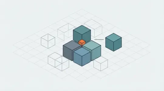 体素网格与立方体堆叠图：等距格点地面上一个两两底座加顶块的小堆叠，右侧引出一个独立立方体，周围虚线空格