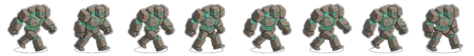 8-frame isometric golem walk — a real generated sheet on a clean grid