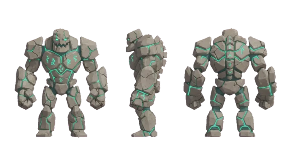 A low poly three-view turnaround — the model sheet a character generator should return.