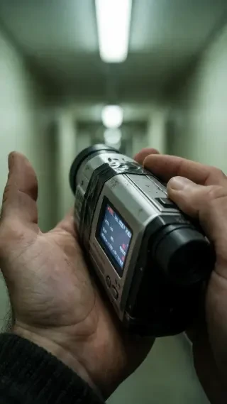 Referencia semilla: una palma abierta y polvorienta sosteniendo la videocámara DV plateada con cinta