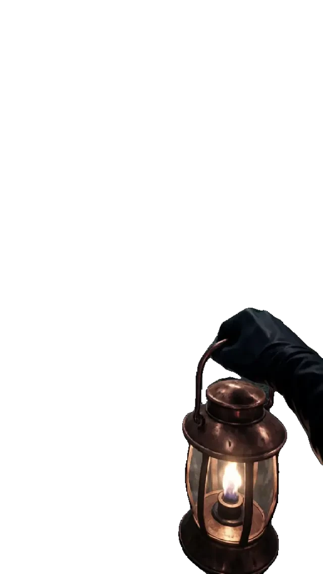 Das First-Person-Hero-Sprite — behandschuhte Hand und Kupferlaterne (transparentes PNG)