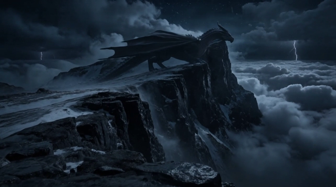 Einzelbild aus dem finalen Video — 0–2,5 s: Die Kamera steigt über nasses Gestein hinauf zum Drachen auf dem Gipfel