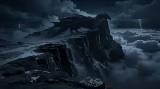 Frame from the final video — 0–2.5s: the camera climbs wet rock toward the dragon on the peak