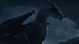 Frame from the final video — 2.5–5s: the horned head lifts and the ember eyes open
