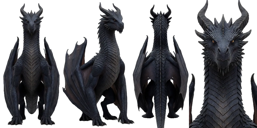 Freisteller — transparentes PNG des schwarzen Drachen in vier Posen