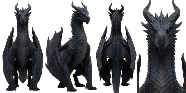 去背素材 — 黑龙四种姿态的透明 PNG