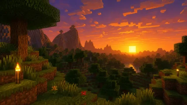 Sunset over the blocky world background