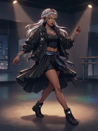Référence de départ — Aaliyah, la rappeuse principale d’AURELIS, avec des tresses aurore et une tenue streetwear gothique hip-hop noire