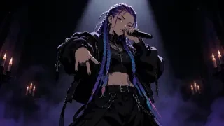 Clip 8 de Dance with the Dead — couverture 16:9 en cel-shading : Aaliyah, la rappeuse principale d’AURELIS, interprétant un interlude rap sous un unique projecteur dur