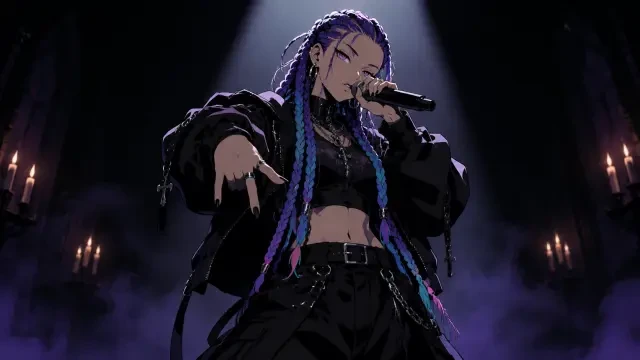 Clip 8 of Dance with the Dead — 16:9 Cel-Shading-Cover: Aaliyah, AURELIS’ Haupt-Rapperin, performt ein Rap-Interlude unter einem einzigen harten Spotlight