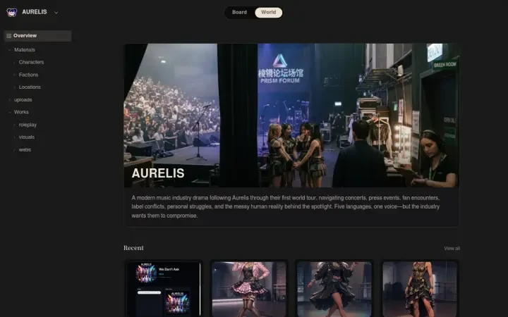 Neta Studio — die AURELIS-Weltansicht mit Material- und Werke-Ordnern