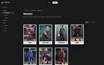 Neta Studio — le panneau des personnages d’AURELIS ouvert dans la vue de l’univers