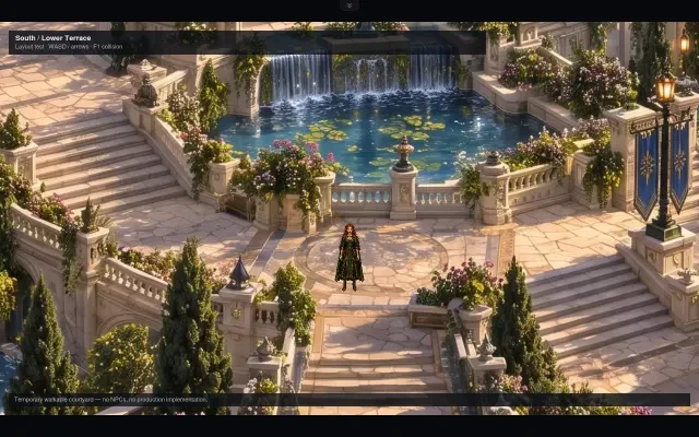 Grand Courtyard Layout Test gameplay — the South / Lower Terrace