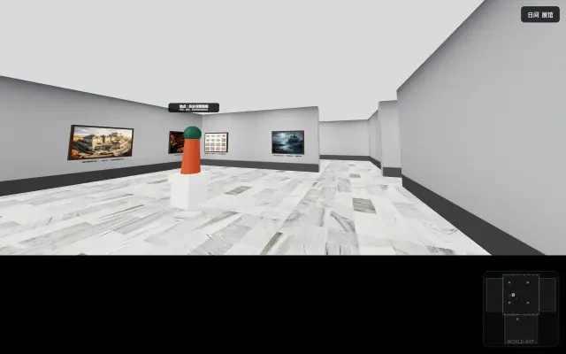 实际游玩画面 — 展览厅内装框的赫尔芬根景致与台座上的雕像