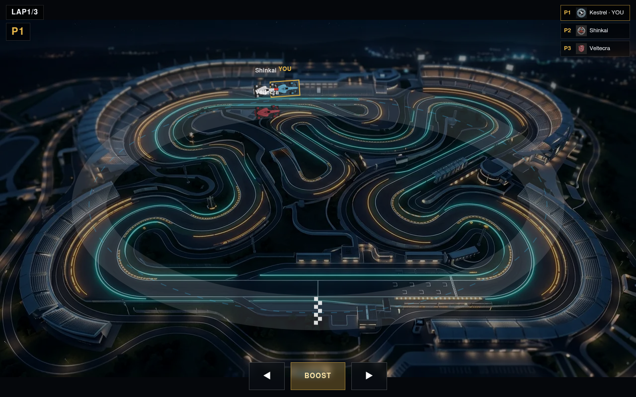 L'univers jouable — la course sur circuit nocturne de style Neo-Tokyo