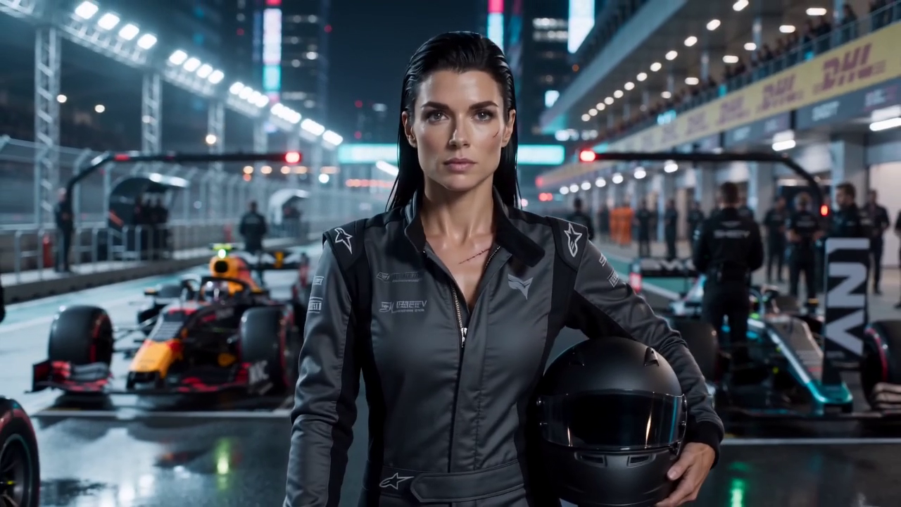 Image extraite de la vidéo finale — Danica Shelby marche sur la grille Shinkai, casque sous le bras gauche