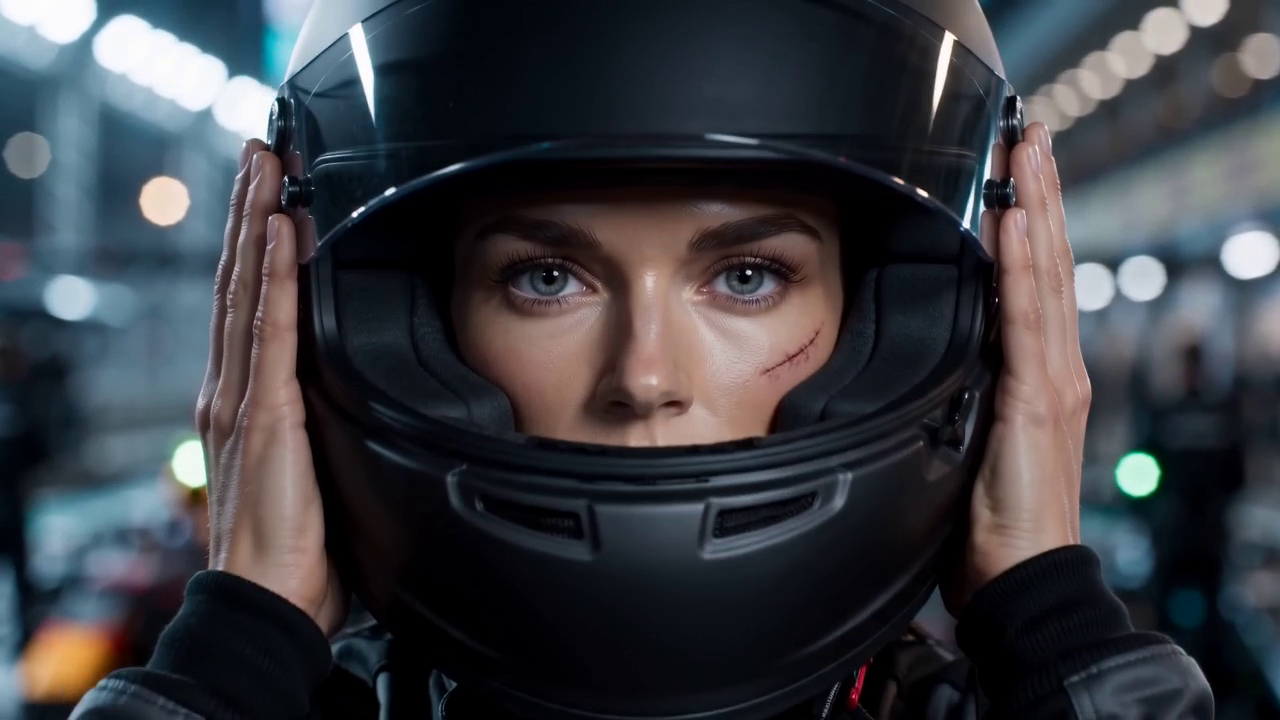 Image extraite de la vidéo finale — elle met son casque en place et abaisse la visière