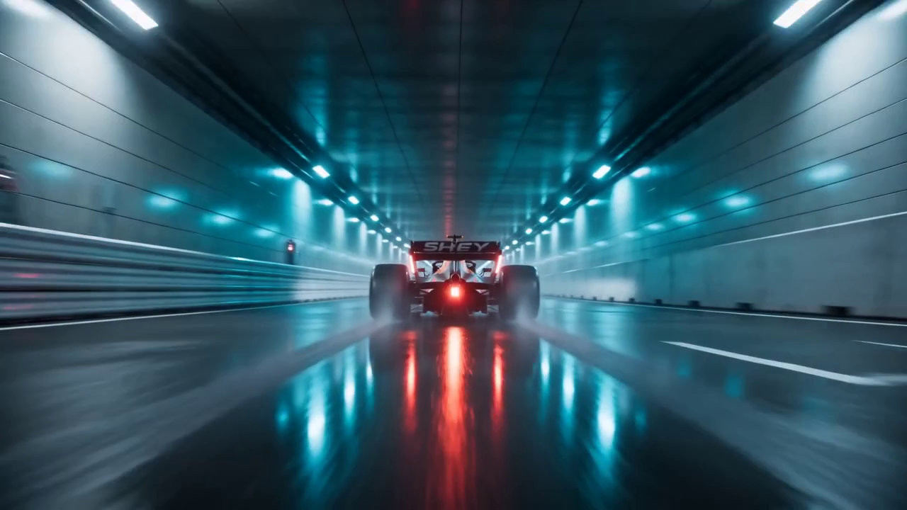 Image extraite de la vidéo finale — la monoplace s'élance dans le tunnel éclairé de cyan