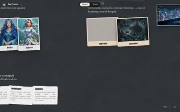 Neta Studio — das NepTrunia-Board, herangezoomt auf die vier Schwestern und die Kreaturen