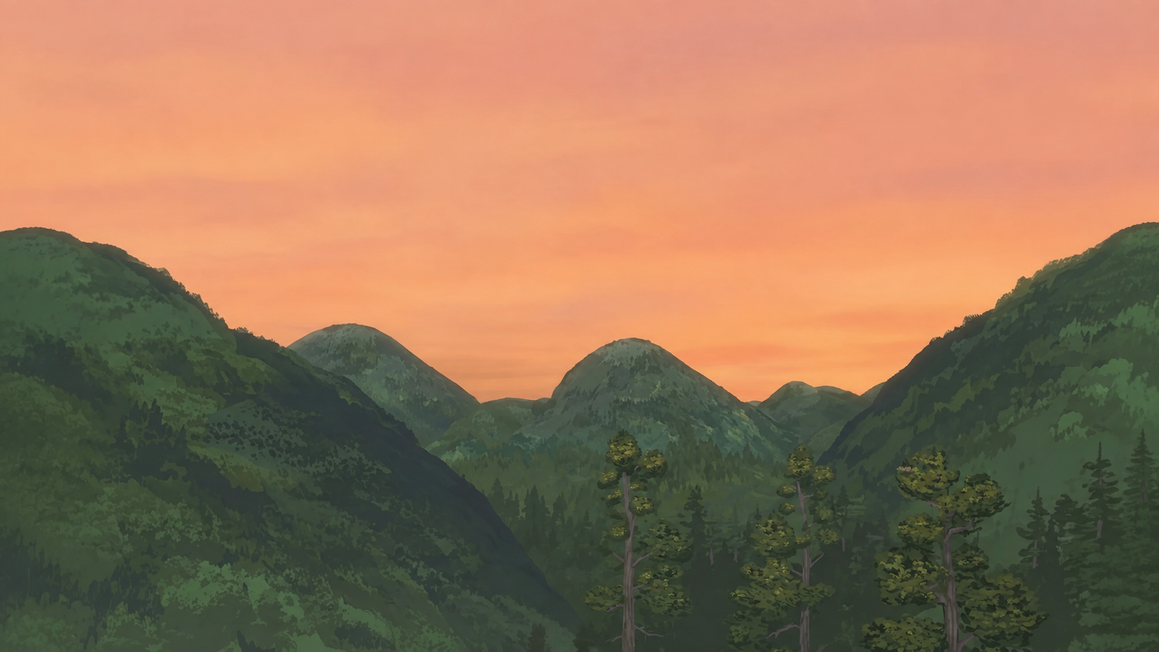 Szenenhintergrund: Berge unter orangem Himmel