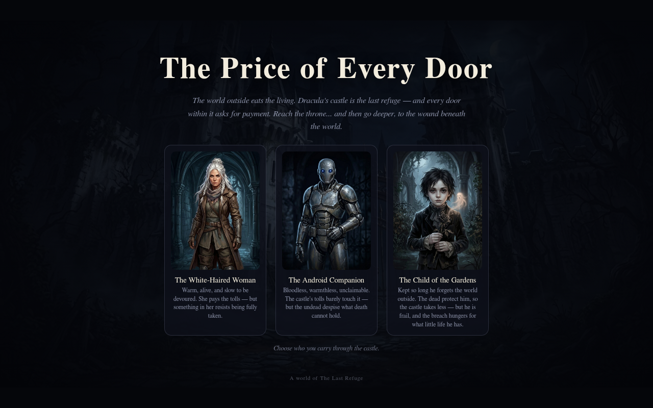 The Price of Every Door — title screen with character picker
