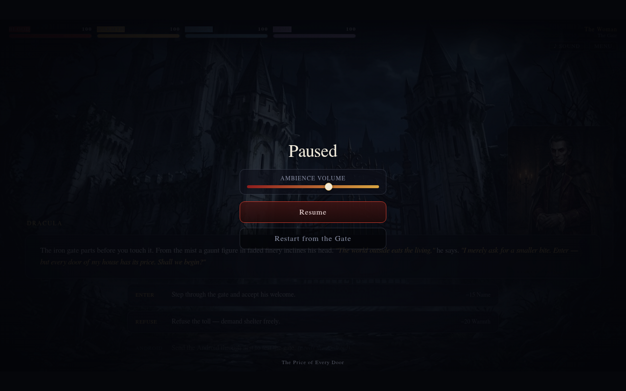 UI — the paused menu with ambience volume