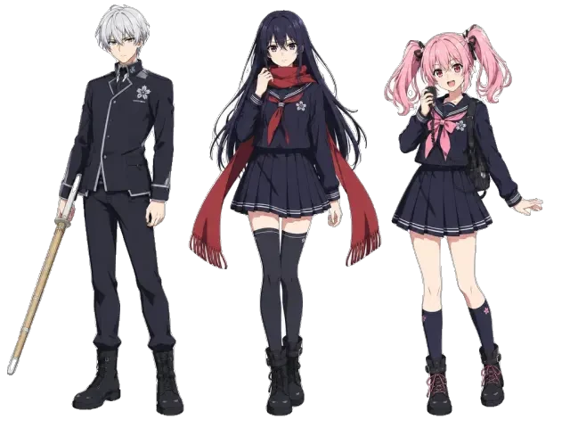 Elenco de Sakura Genesis Academy — recorte transparente de personajes (Aoi, Ren y Mikan)