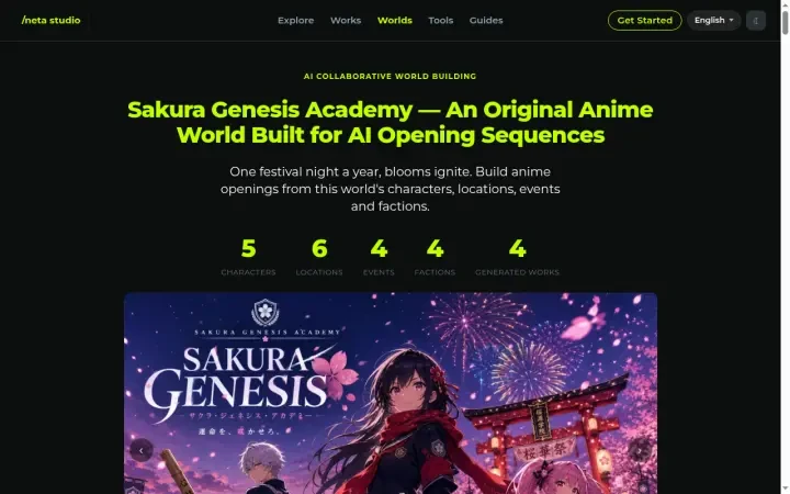 Neta Studio — la página del mundo Sakura Genesis Academy: el key visual de anime y el brief de una línea del mundo