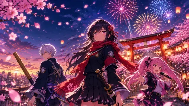 Despertar del Festival (Kling) — portada del vídeo: Aoi con su bufanda roja ante la puerta torii del festival, con fuegos artificiales y farolillos sobre ella
