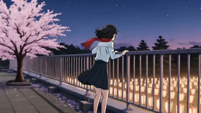 Vídeo real — Aoi en la barandilla sobre el campo de farolillos (02)