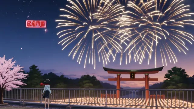 Vídeo real — fuegos artificiales sobre la puerta torii (03)
